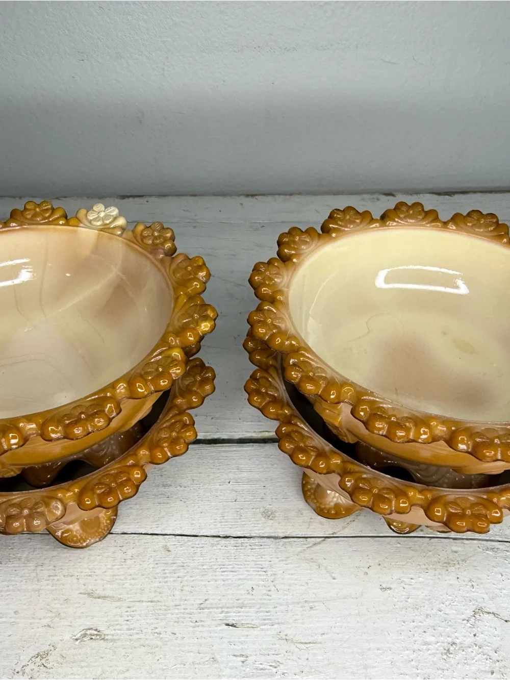 Set of 4 Greentown Indiana CHOCOLATE CARAMEL SLAG GLASS 3 LEGGED BOWL